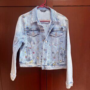 Driftwood  Floral Embroidered / Rivets Distressed Denim Jacket L